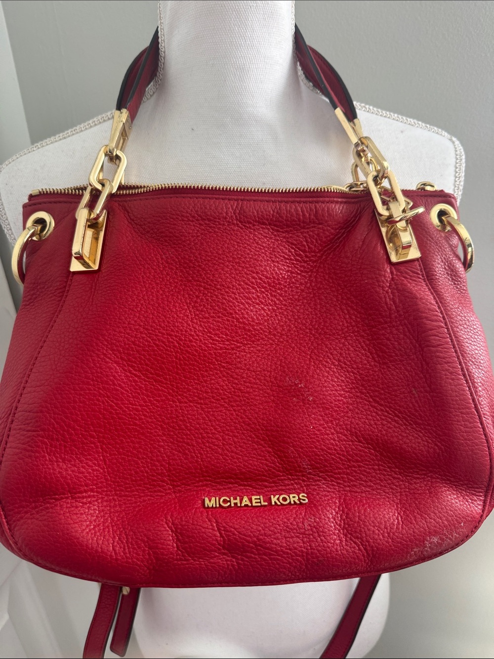 Michael Kors Red Pebbled Leather Shoulder Bag with Gold Hardware